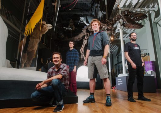 A group of Palaeontologists who discovered dinosaur bones on the Isle of Eigg. L-R: Paige Depolo, Dr Stephen Brusatte, Tom Challand, David Foffa.