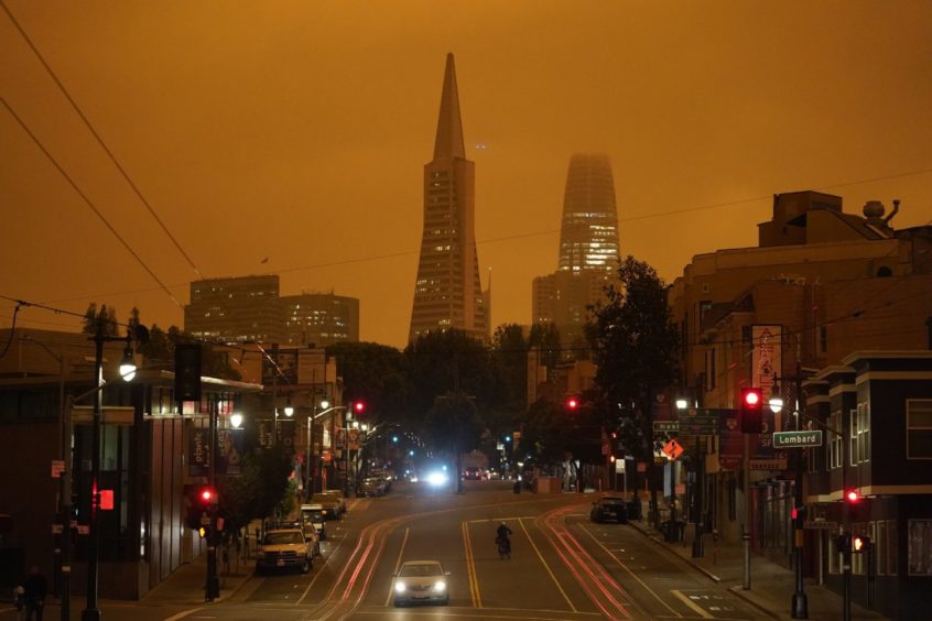 San Francisco's Transamerica Pyramid and Salesforce Tower are covered with smoke from wildfires