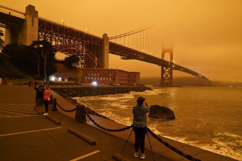 The Golden Gate Bridge covered in smoke from wildfires