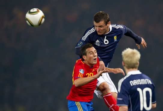 Lee McCulloch on his last Scotland appearance against Spain in October, 2010