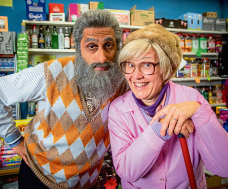 Navid played by Sanjeev Kohli and Isa played by Jane McCarry in Still Game.
