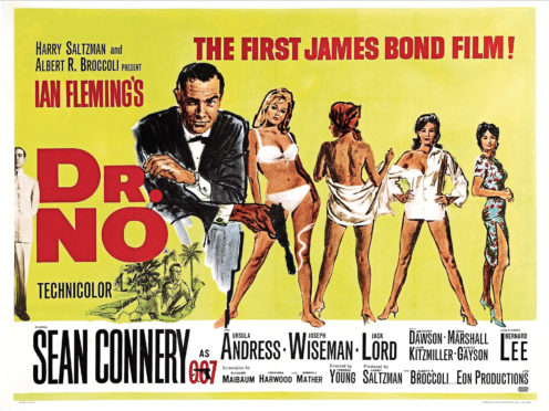 A poster publicising the 1962 Bond film Dr No, with Sean Connery the first to portray the famous secret agent