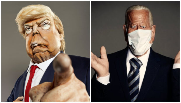 Spitting teeth: Trump and Biden puppets