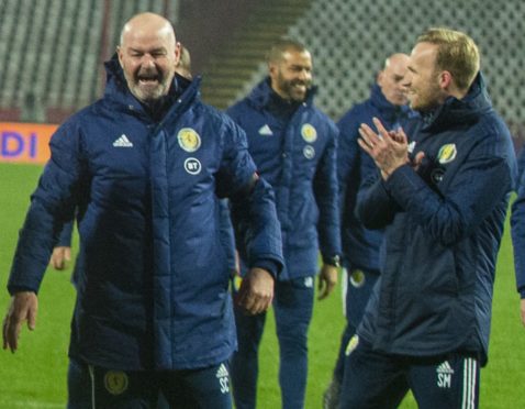 Scotland manager Steve Clarke celebrates beating Serbia on penalties