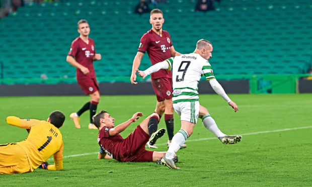 Celtic's Leigh Griffiths pulls a goal back against Sparta Prague at Celtic Park