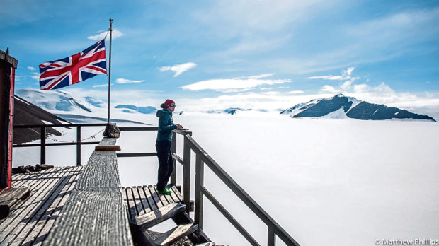 A worker on the roof of the Rothera Research Station