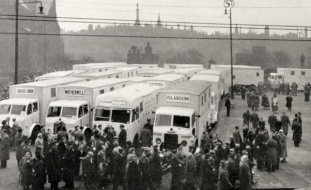 Mobile X-ray vans from all around Britain gather at the Royal Infirmary in Glasgow on March 11, 1957 as part of the drive to beat TB