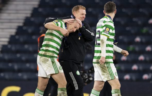 Celtic manager Neil Lennon with Scott Brown following the Scottish Cup final