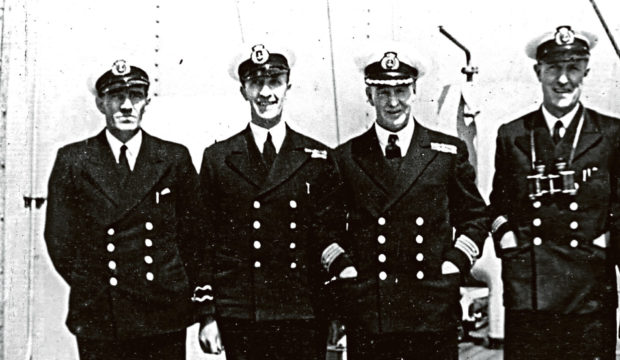From left: Malcolm McKinnon, second mate, radio officer             David Broadfoot, captain James Ferguson and chief officer Shirley Duckels