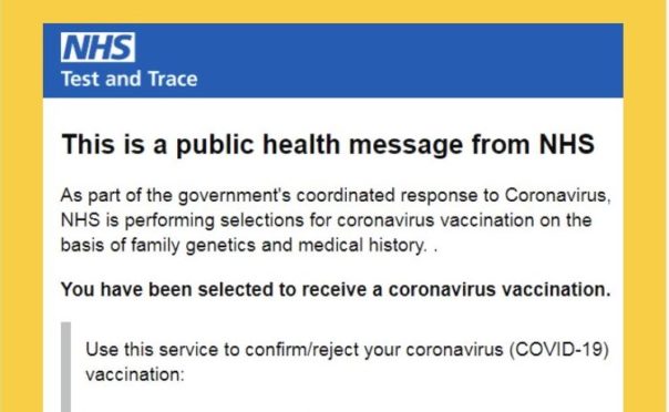 A scam email claiming to offer a vaccine appointment