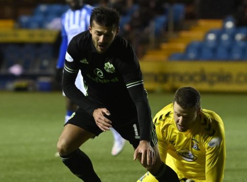 Albian Ajeti goes down under a challenge from Kilmarnock keeper, Colin            Doyle and is now facing the prospect of a two-game ban.