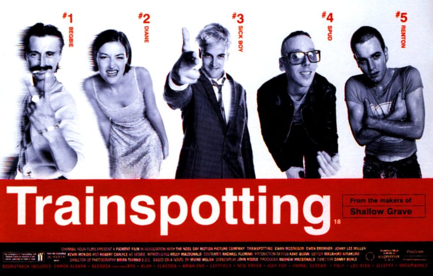 Ewan McGregor as Renton, right, in iconic cast poster for Trainspotting