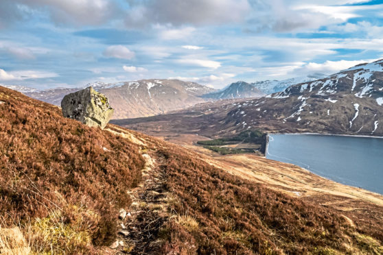 Looking down on Loch an Daimh from Meall Buidhe with Stuchd an Lochain on the right. The two Munros are often climbed in a single day