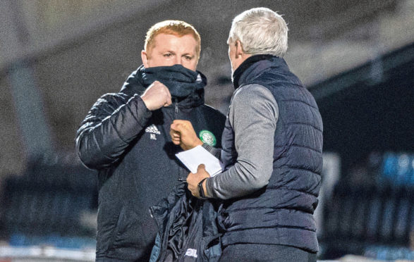 Neil Lennon and Jim Goodwin during their midweek meeting in Paisley
