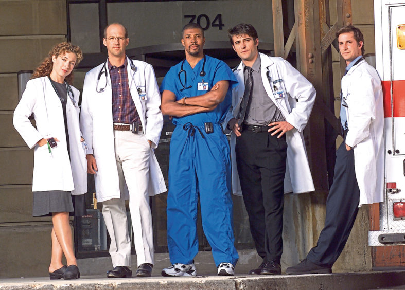 Alex in 1994 with fellow ER cast members (l-r) Anthony Edwards, Eriq La Salle, Goran Visnjic, Noah Wyle