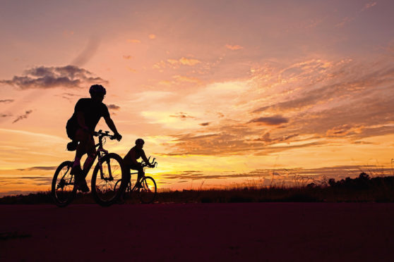 Silhouetted cyclists enjoy a peaceful run-out at sunset