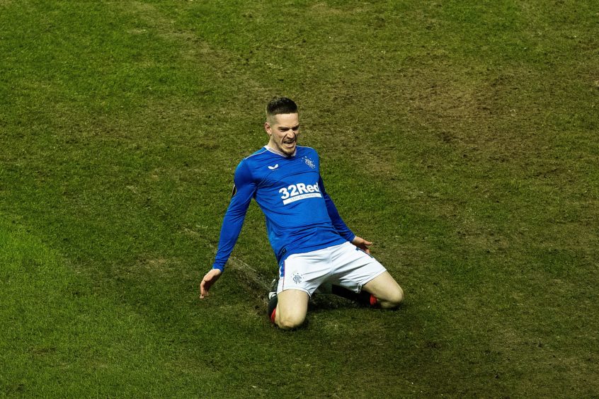 Ryan Kent celebrates scoring Rangers' third against Royal Antwerp