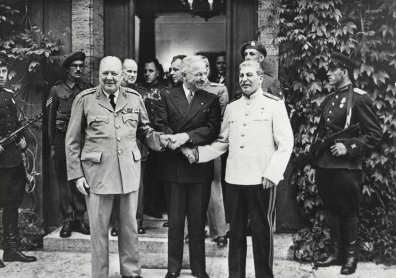 After the war: Winston Churchill, Harry Truman and Joseph Stalin at the Potsdam Conference in 1945 as they redrew Europe after the Second World War with far-reaching consequences.