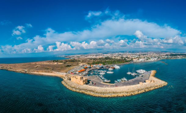 An aerial panorama of Paphos in Cyprus, where the Younies have a timeshare in the Paradise Kings Club resort