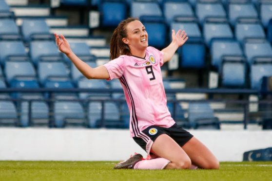 Caroline Weir celebrates scoring for Scotland against Jamaica at Hampden Park in 2019