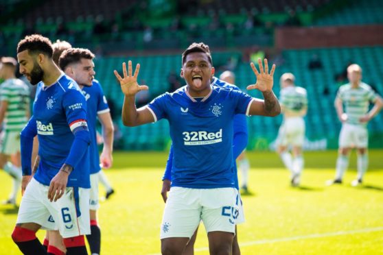 Alfredo Morelos celebrating his first-ever goal against Celtic