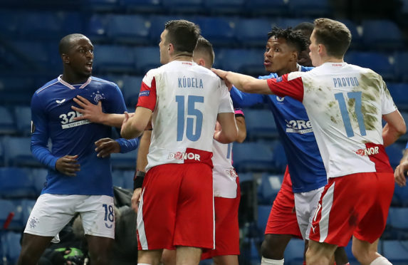 Rangers' Glen Kamara (left) with Slavia Prague's Ondrej Kudela