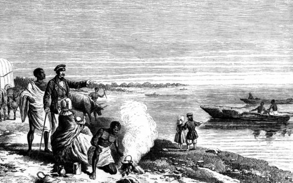 An engraving of David Livingstone with members of his expedition and his wife, Mary Moffat, and their children discovering Lake Ngami, Botswana in August 1849