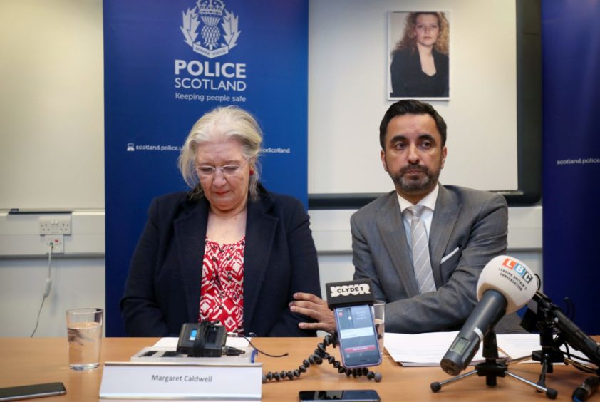 Emma’s mother, Margaret Caldwell with solicitor Aamer Anwar during a police press conference