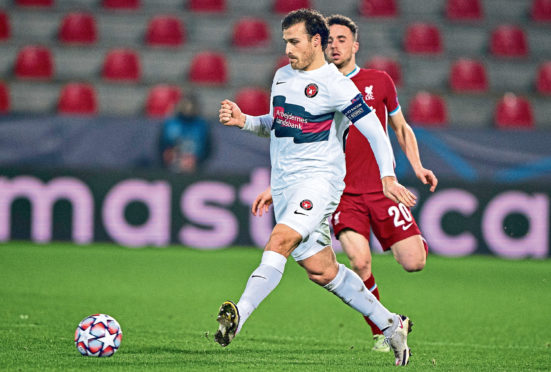 Midtjylland’s Erik Sviatchenko, seen in action against Liverpool in the Champions League