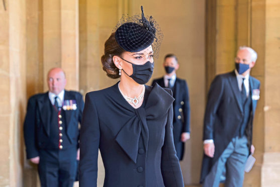 The Duchess of Cambridge arriving at the funeral of the Duke of Edinburgh