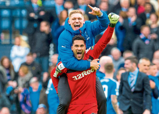 Wes Foderingham and Martyn Waghorn celebrate Rangers’ penalty shoot-out win over Celtic in the 2016 Scottish Cup semi-final.