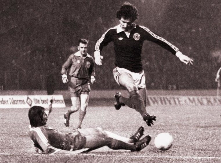 Graeme Souness skipping over Bulgarian Defender’s challenge, 1978.