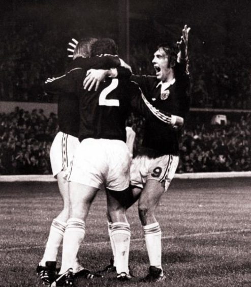 Joe Jordan (right), Scotland v Wales, 1976.
