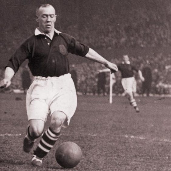 Hughie Gallacher in action for Scotland.