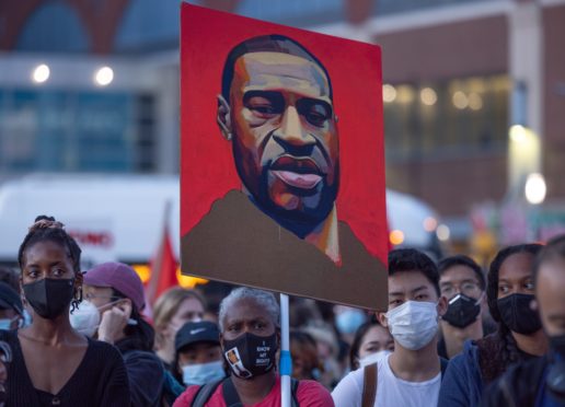 Demonstrators gather outside the Barclays Center in New York after Derek Chauvin's conviction