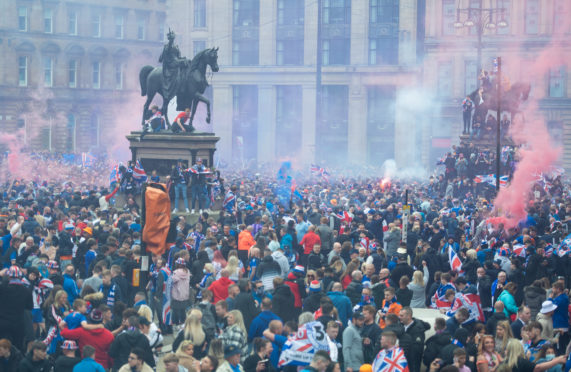 Rangers fans in Glasgow's George Square