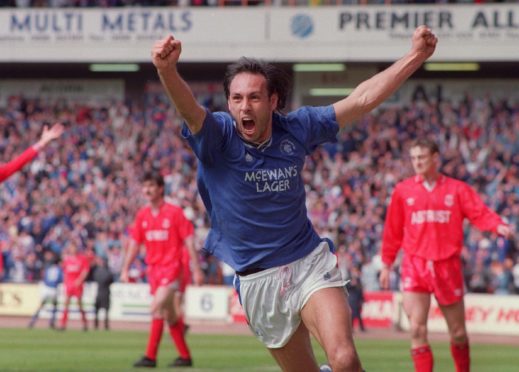 Mark Hateley’s delight is clear as he turns away to receive the fans’ acclaim after opening the scoring with the first of his double against Aberdeen in May, 1991