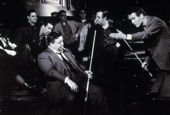 Paul Newman, Jackie Gleason and Robert Rossen in the 1961 movie The Hustler, the story of a high-stakes pool match