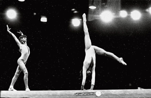 Nadia Comaneci, 13, of Romania, in a double exposure at Wembley’s Empire Pool in 1975