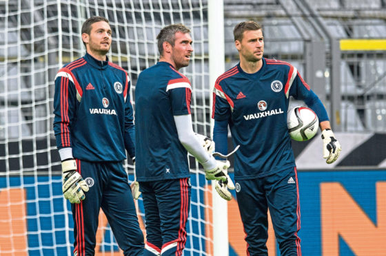 Craig Gordon, Allan McGregor and David Marshall at a Scotland training session in Germany in 2014.
