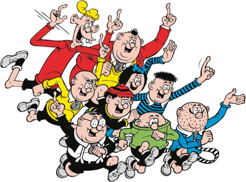 Freddy, in red blazer, goes on the run with The Bash Street Kids after losing his nickname in famous Beano strip