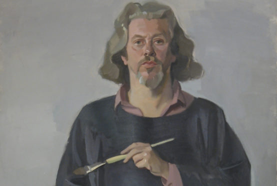 Alexander Goudie, Self portrait with palette and black smock c. 1985