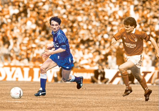 Pat Nevin beats Steve Hodge for pace in the 1989 Simod Cup Final at Wembley but his team Everton still went down 4-3 to Nottingham Forest