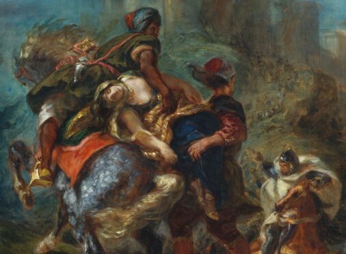 The Abduction of Rebecca, by Eugene Delacroix from 1846. The French painting is a scene from Sir Walter Scott's novel Ivanhoe