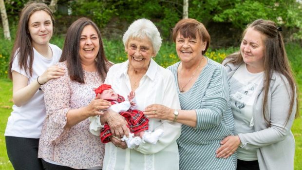 From left to right: Toni-Leigh, 17, Chyrel, 50, Mary Marshall, 86, two-week-old Nyla, Rose, 68, and Carrie, 35.