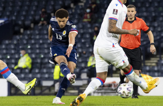 Che Adams scores to make it 3-0 Scotland during a World Cup qualifier between Scotland and the Faroe Islands at Hampden Park in March