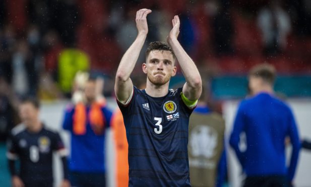 Scotland captain Andy Robertson at full time during a Euro 2020 match between England and Scotland at Wembley Stadium, on June 18, 2021.