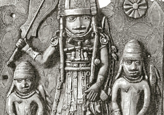 One of the Benin Bronze plaques which originally decorated the royal palace of the Benin Kingdom in modern-day Nigeria.