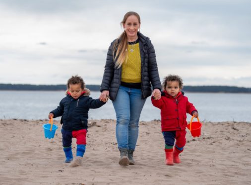 Seona Galbally enjoys a trip to Broughty Ferry beach with two-year-old twins Zen and Ziggy