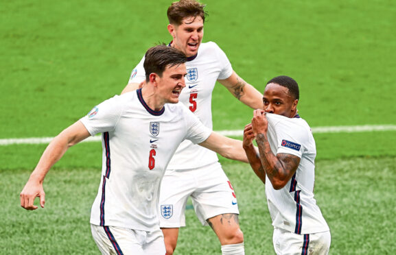 Raheem Sterling, seen celebrating with Harry Maguire and John Stones, will be hoping for a repeat tonight